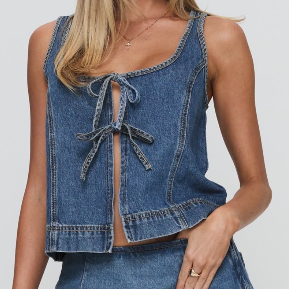 Princess Polly Stefenie Denim Tie Tank Top Mid Wash US 4 New with Tag - Picture 2 of 16